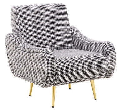 Holli Black and White Houndstooth Armchair with Gold Finish Metal Legs