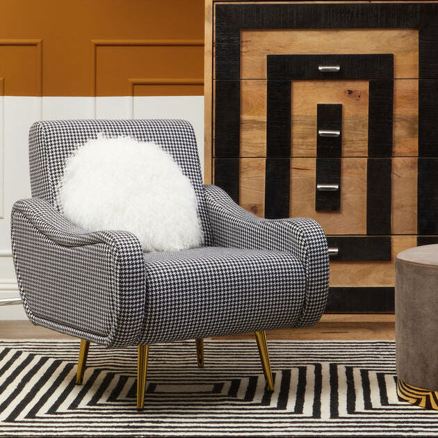 Holli Black and White Houndstooth Armchair with Gold Finish Metal Legs