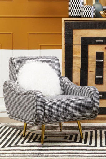 Holli Black and White Houndstooth Armchair with Gold Finish Metal Legs