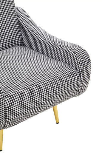 Holli Black and White Houndstooth Armchair with Gold Finish Metal Legs