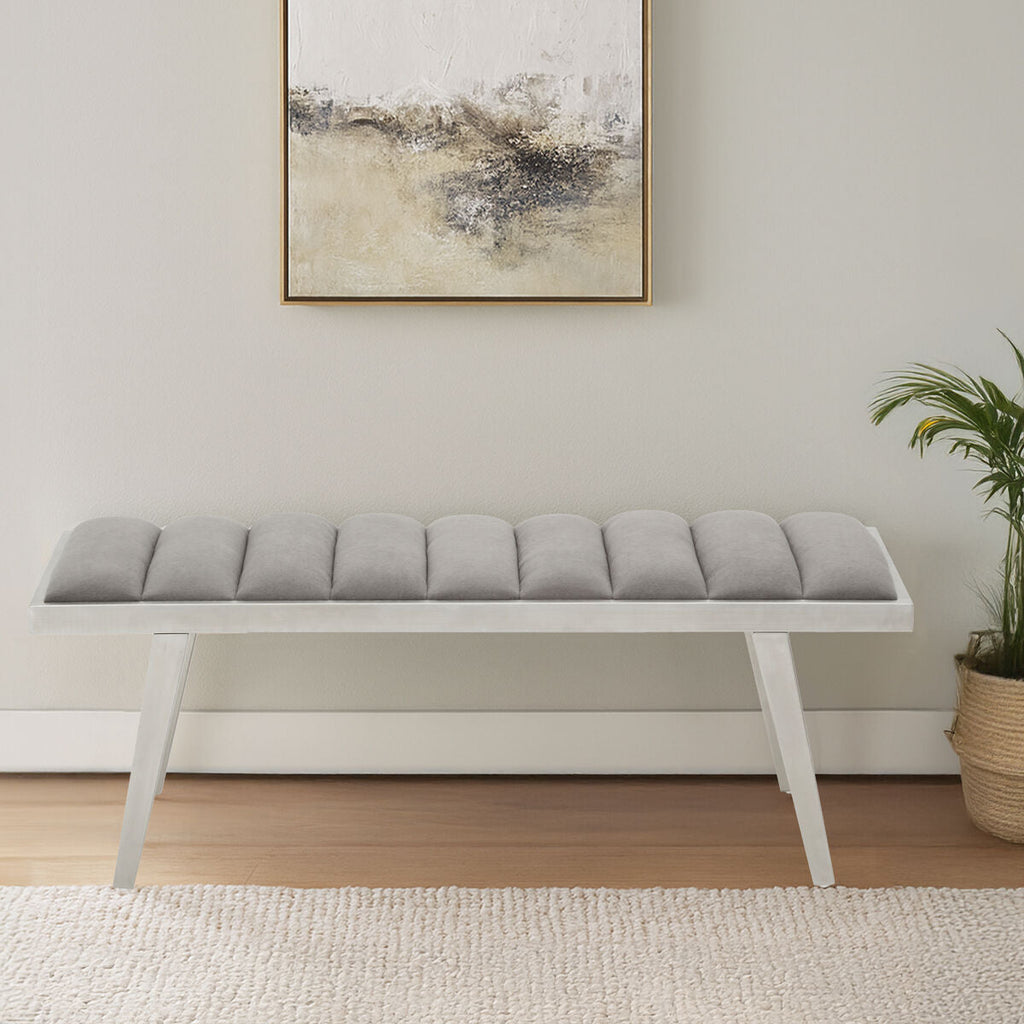 Gilden Grey Velvet Bench with Channel Tufting
