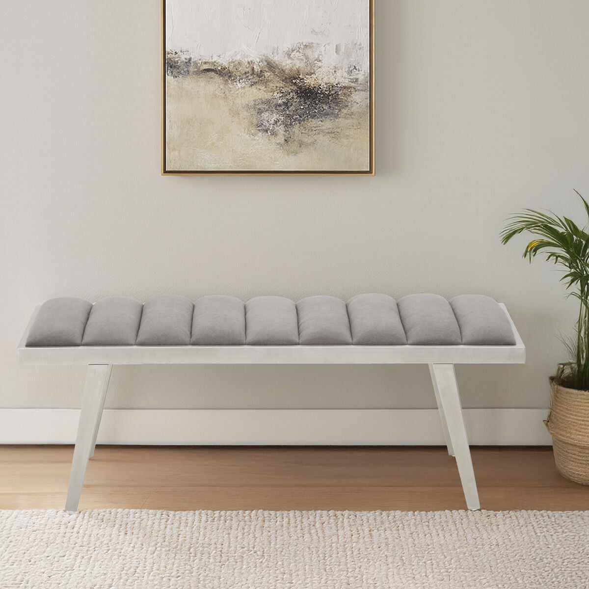 Gilden Grey Velvet Bench with Brushed Silver Frame
