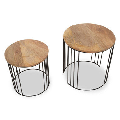 Set of 2 Natural Mango Wood Round Side Tables with Black Metallic Drum Shaped Open Frame, Nandri