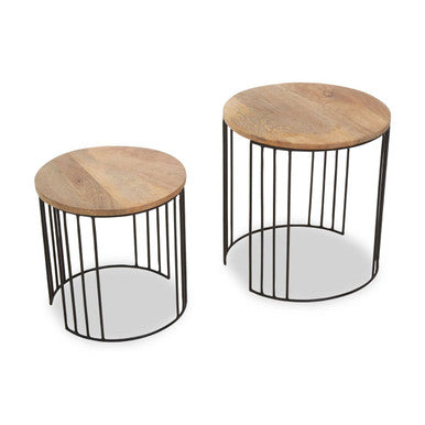Set of 2 Natural Mango Wood Round Side Tables with Black Metallic Drum Shaped Open Frame, Nandri