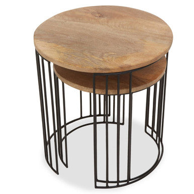 Set of 2 Natural Mango Wood Round Side Tables with Black Metallic Drum Shaped Open Frame, Nandri