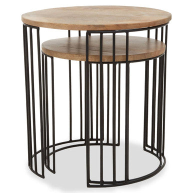 Set of 2 Natural Mango Wood Round Side Tables with Black Metallic Drum Shaped Open Frame, Nandri