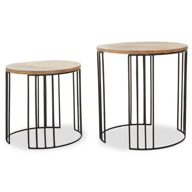 Set of 2 Natural Mango Wood Round Side Tables with Black Metallic Drum Shaped Open Frame, Nandri