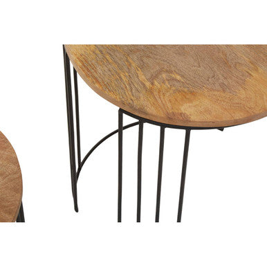 Set of 2 Natural Mango Wood Round Side Tables with Black Metallic Drum Shaped Open Frame, Nandri