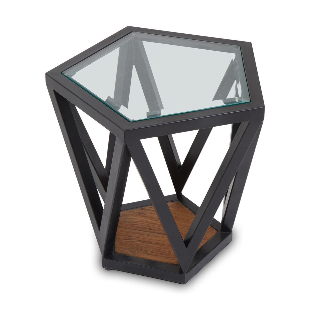 Black Geometric Metal Frame Hexagon Side Table with Tempered Glass Top and Wood Effect Base Inside, Cibo
