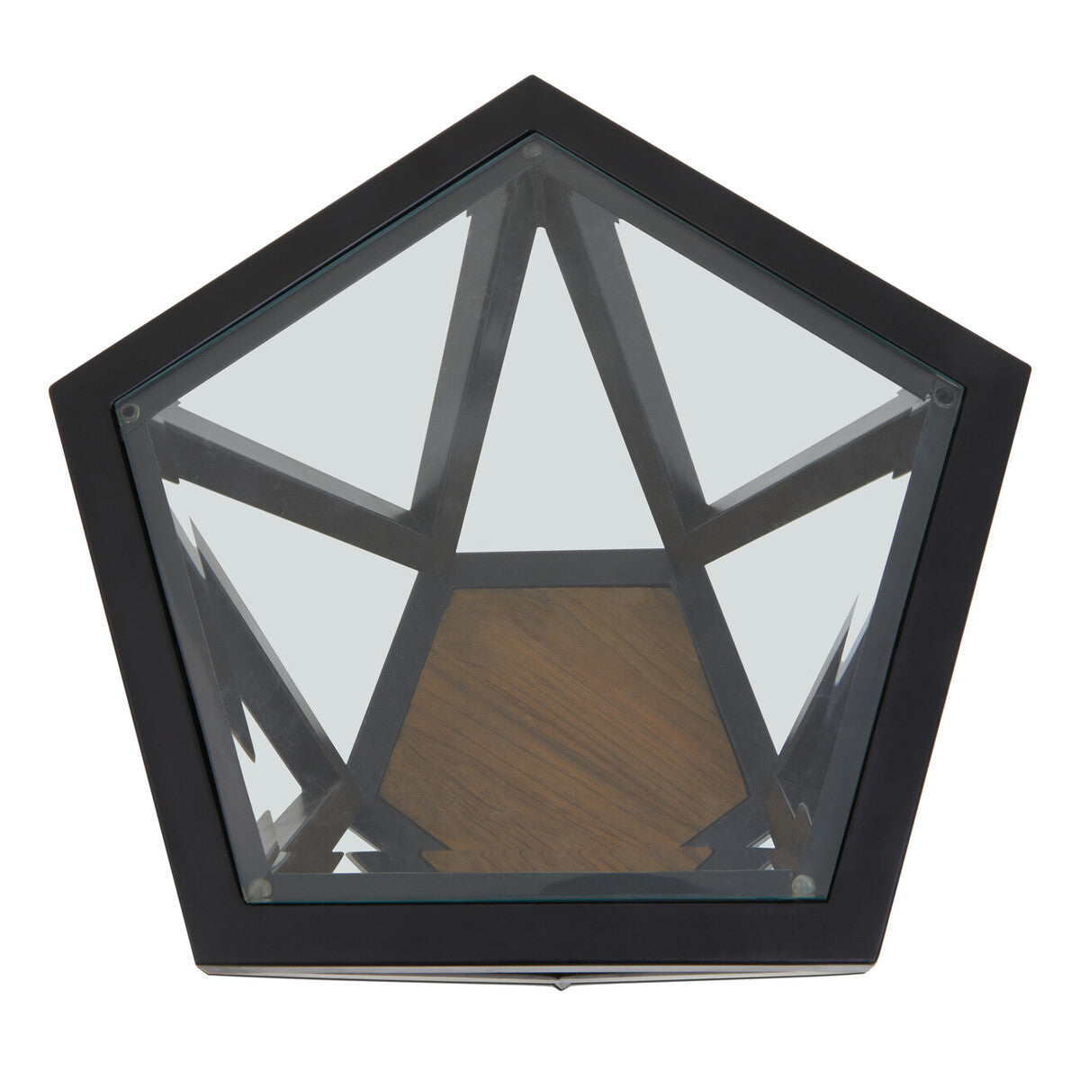 Black Geometric Metal Frame Hexagon Side Table with Tempered Glass Top and Wood Effect Base Inside, Cibo