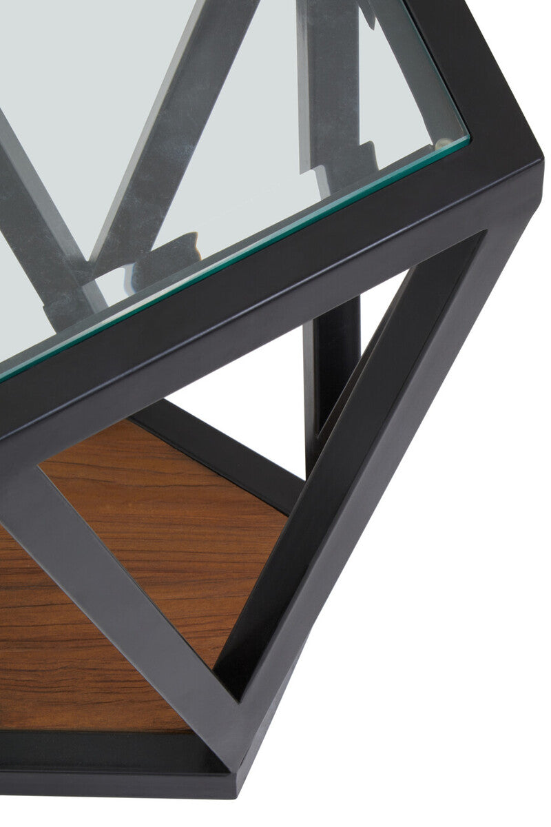 Black Geometric Metal Frame Hexagon Side Table with Tempered Glass Top and Wood Effect Base Inside, Cibo