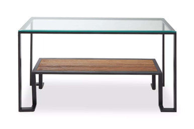 Tempered Glass Top 2-Tier Console Table with Wood Lower Shelf and Black Metallic Frame, Cibo