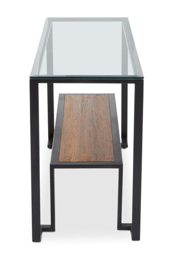 Tempered Glass Top 2-Tier Console Table with Wood Lower Shelf and Black Metallic Frame, Cibo