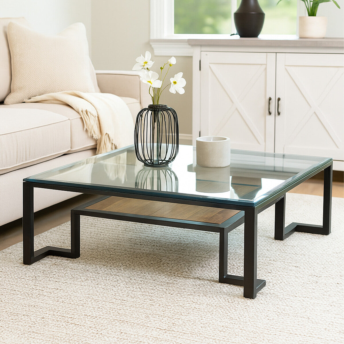 Black Wooden Frame and Glass Top Coffee Table with Shelf, Cibo