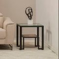 Clear Glass Top Side Table with Lower Wood Shelf and Black Metal Frame | Cibo
