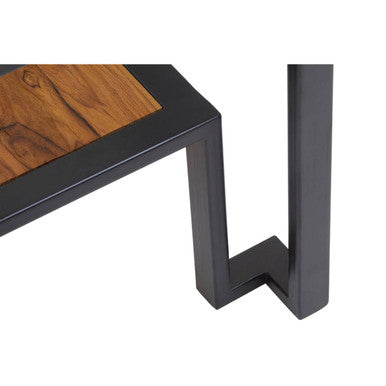 Clear Glass Top Side Table with Lower Wood Shelf and Black Metal Frame, Cibo