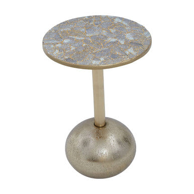 Geometric Mosaic Top Gold Finish Side Table with Slim Column and Round Base, Inventivo
