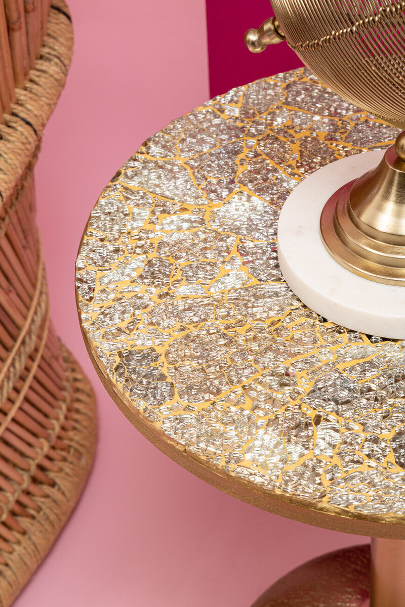 Geometric Mosaic Top Gold Finish Side Table with Slim Column and Round Base, Inventivo