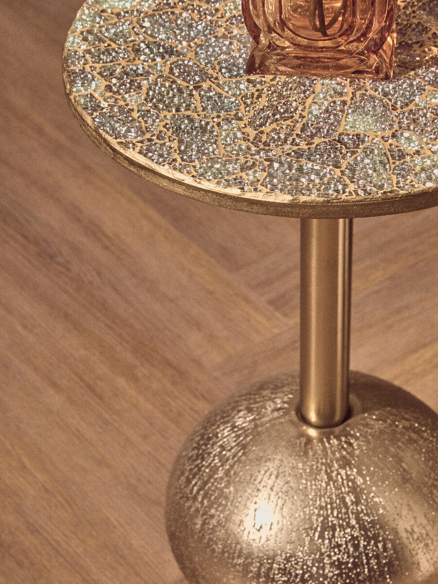 Geometric Mosaic Top Gold Finish Side Table with Slim Column and Round Base, Inventivo