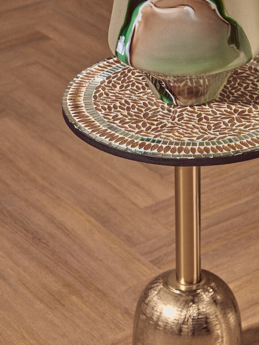 Geometric Mosaic Accent Side Table with Slim Gold Cylindrical Pedestal Base, Inventivo