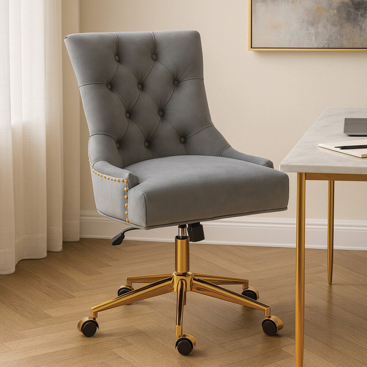 Anita Grey Velvet Office Chair with Gold Swivel Base