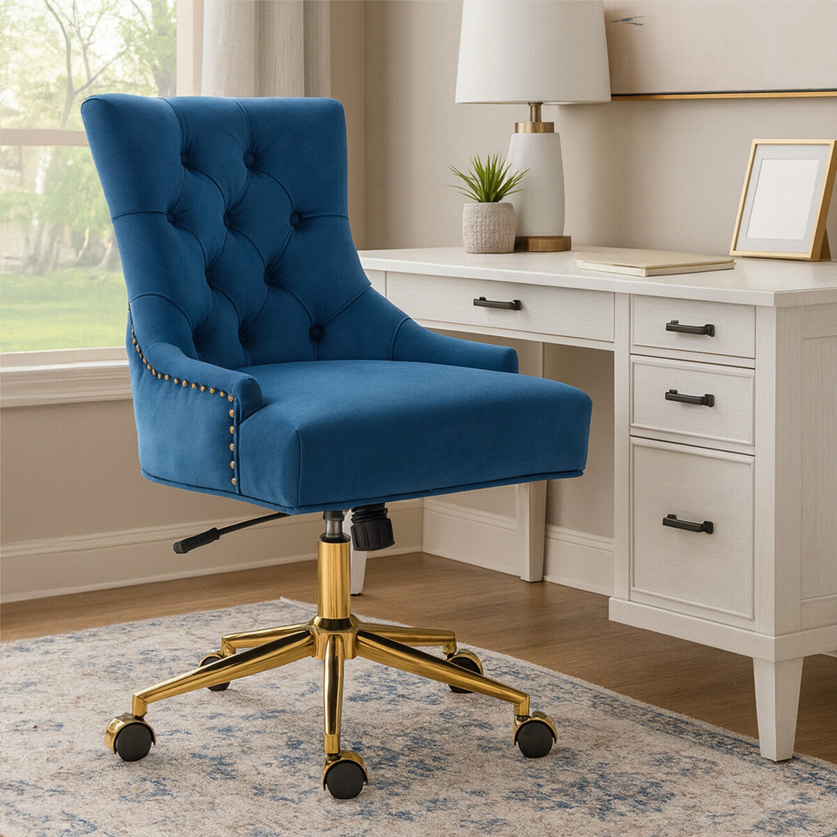 Anita Blue Velvet Office Chair with Gold Swivel Base