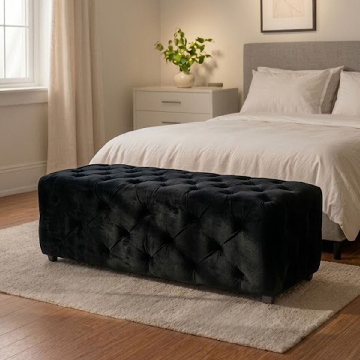Alea Black Velvet Bench with Button Tufted Seat