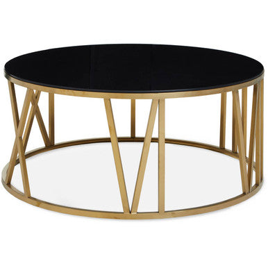 Brushed Gold Finish Steel Side Table with Roman Numeral Frame and Black Tempered Glass Top, Alana