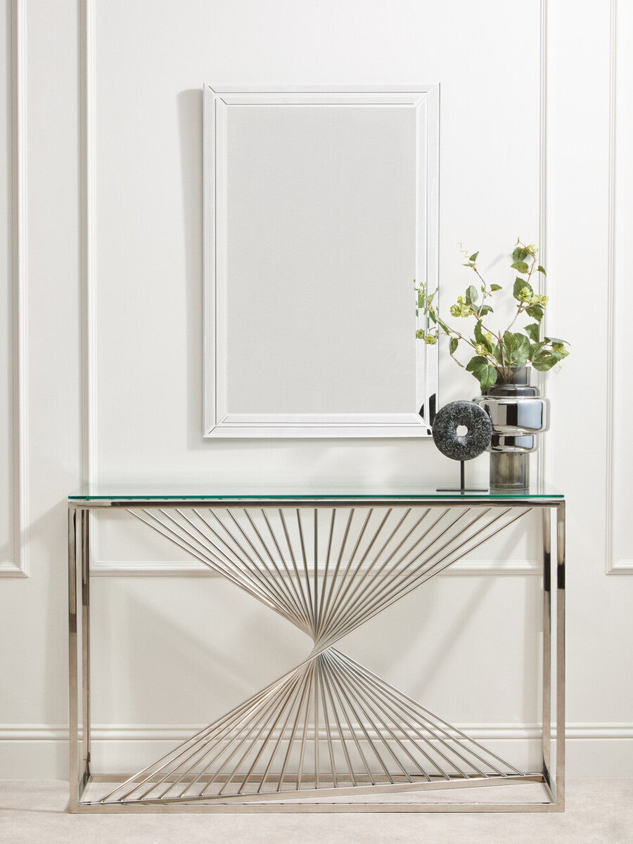 Clear Tempered Glass Top Console Table with Silver Finish Stainless Steel and Twisted Staircase Base, Amella