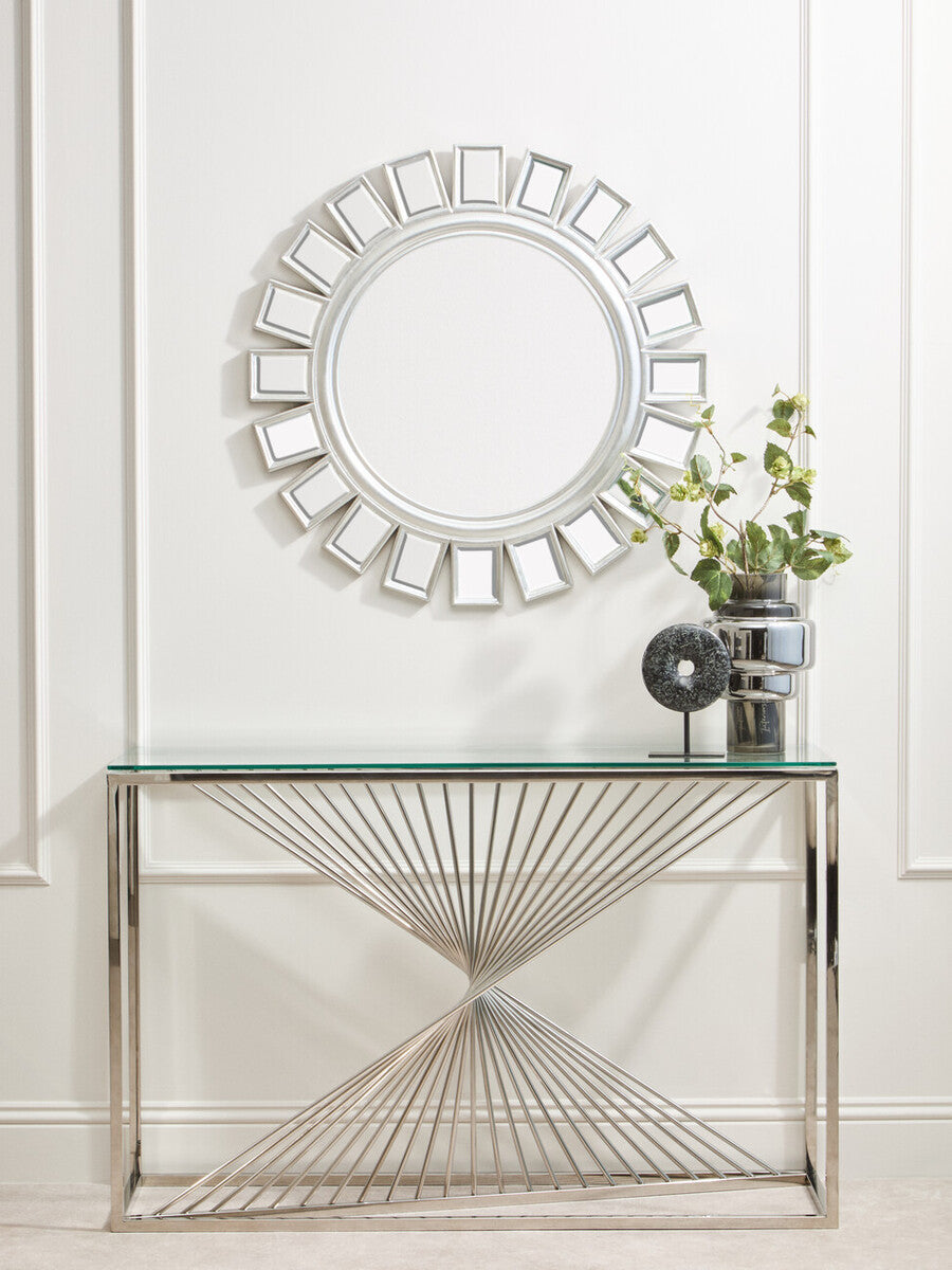 Clear Tempered Glass Top Console Table with Silver Finish Stainless Steel and Twisted Staircase Base, Amella