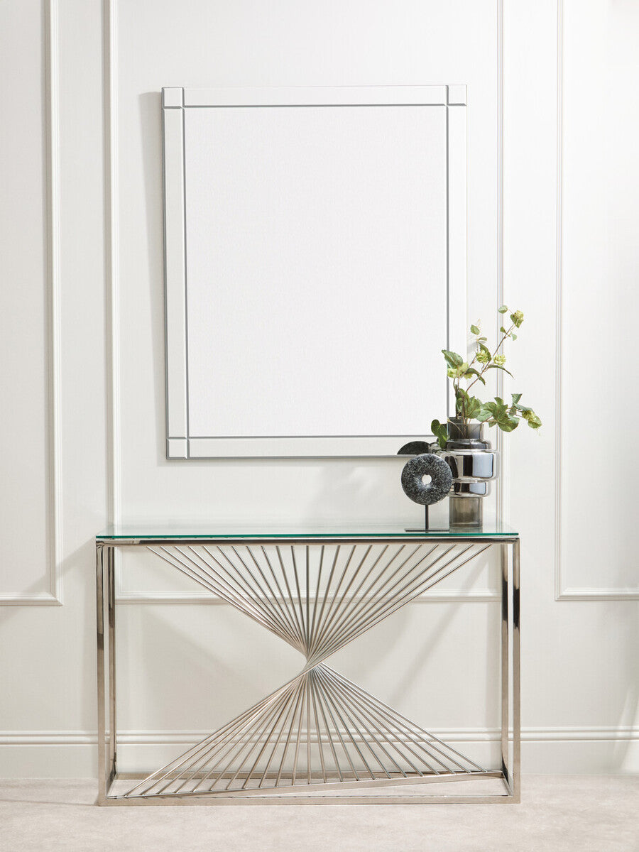 Clear Tempered Glass Top Console Table with Silver Finish Stainless Steel and Twisted Staircase Base, Amella