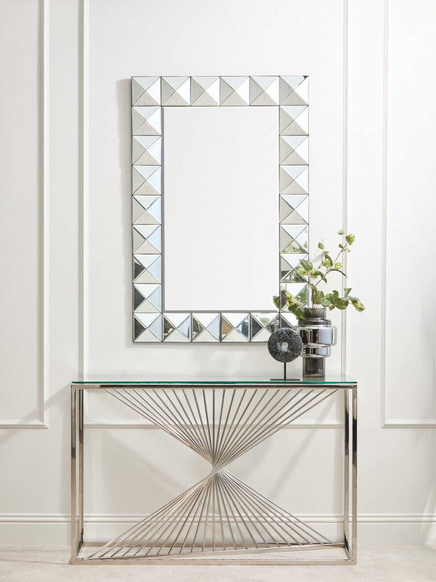 Clear Tempered Glass Top Console Table with Silver Finish Stainless Steel and Twisted Staircase Base, Amella