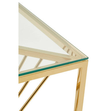 Clear Tempered Glass Top End Table with Gold Finish Frame and Inner Twisted Staircase Design, Amella