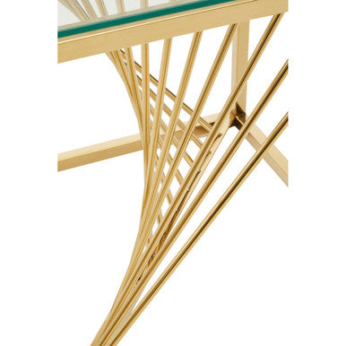 Clear Tempered Glass Top End Table with Gold Finish Frame and Inner Twisted Staircase Design, Amella