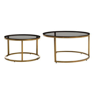 Set of 2 Black Tinted Glass Round Tops Nesting Coffee Tables with Brushed Gold Stainless Steel Frames, Alana