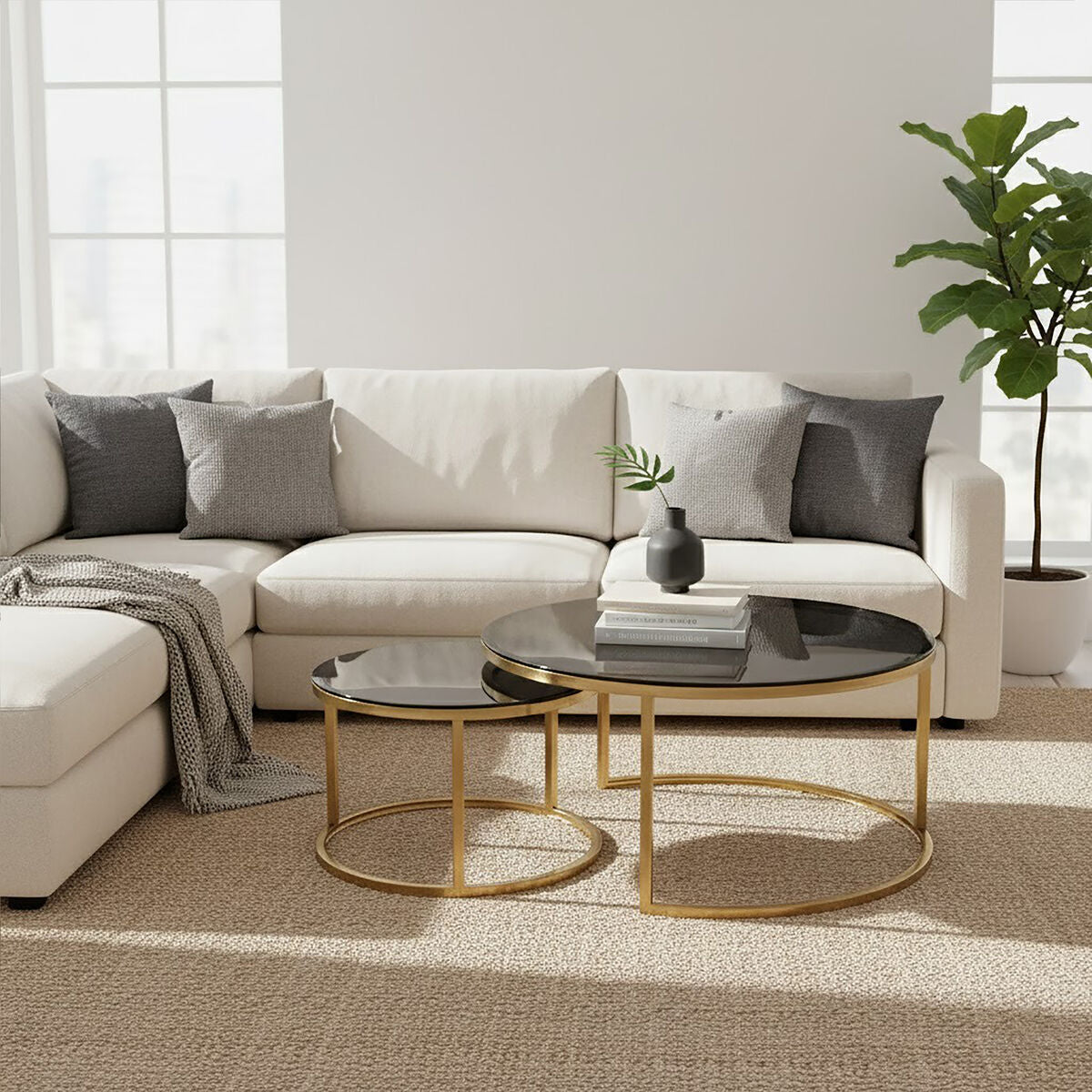 Alana Gold Metal and Tinted Glass Set of 2 Nesting Coffee Tables