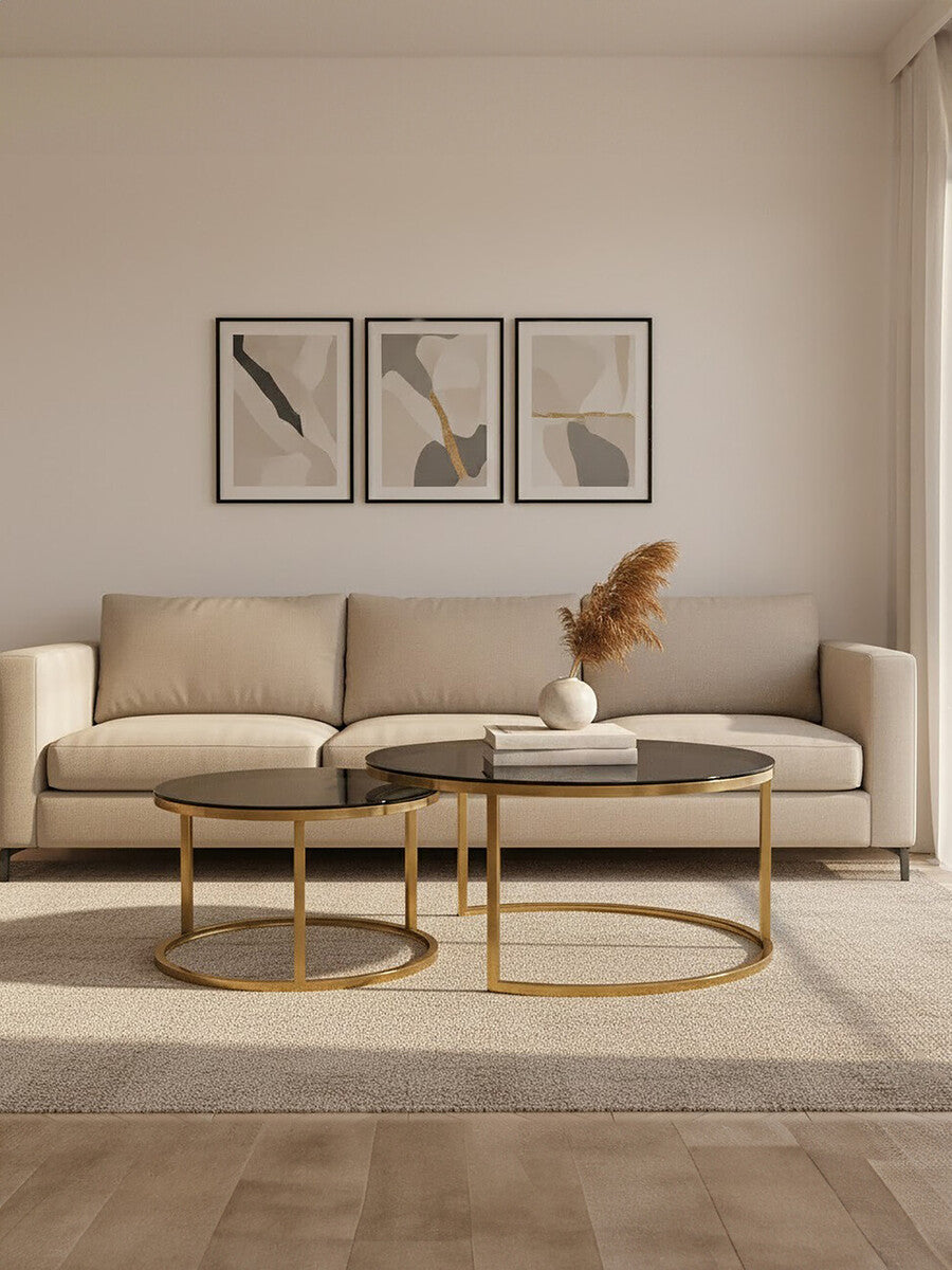 Set of 2 Black Tinted Glass Round Tops Nesting Coffee Tables with Brushed Gold Stainless Steel Frames, Alana