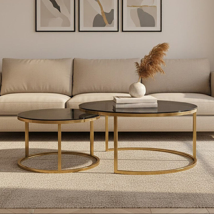 Set of 2 Black Tinted Glass Round Tops Nesting Coffee Tables with Brushed Gold Stainless Steel Frames, Alana
