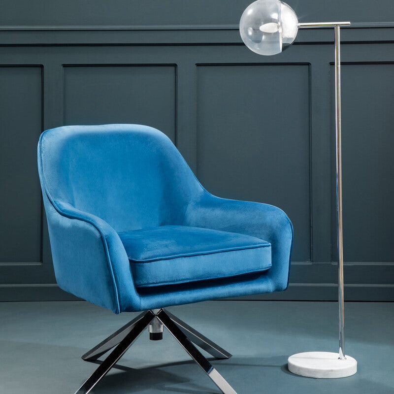 Avery Midnight Blue Velvet Swivel Chair with Curved Back