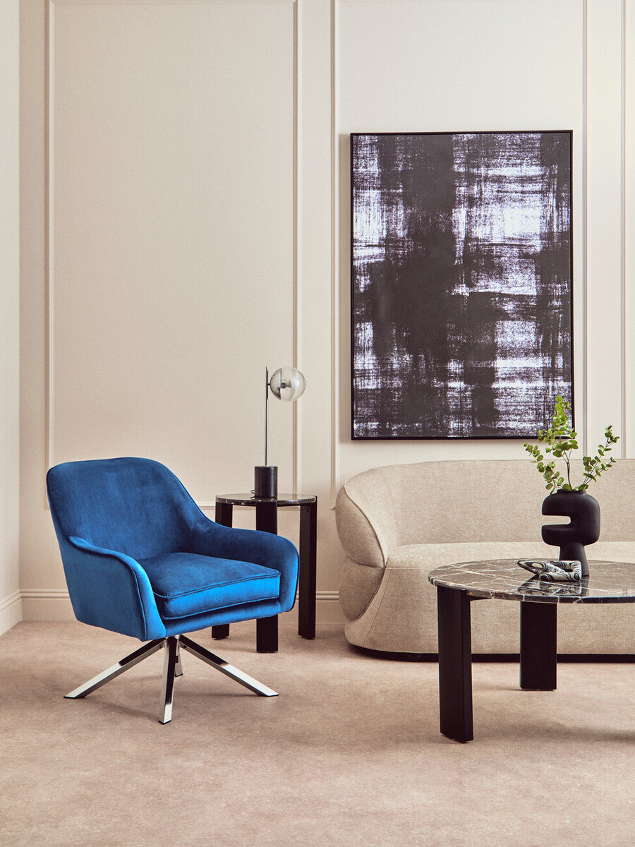 Avery Midnight Blue Velvet Swivel Chair with Curved Back