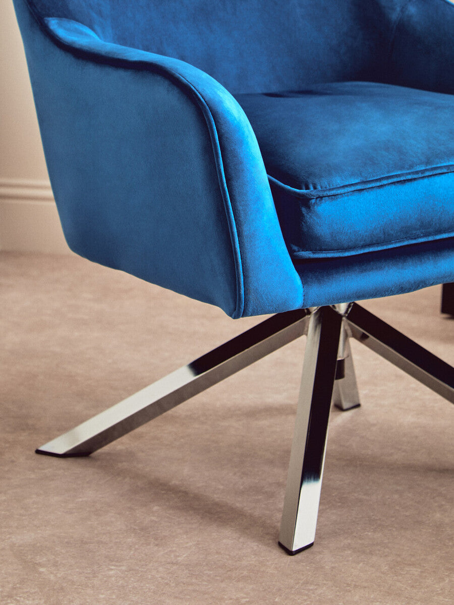 Avery Midnight Blue Velvet Swivel Chair with Curved Back