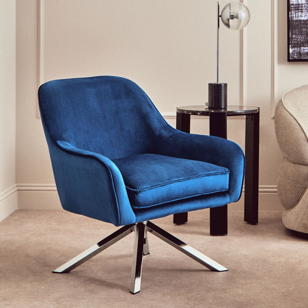 Avery Midnight Blue Velvet Swivel Chair with Curved Back