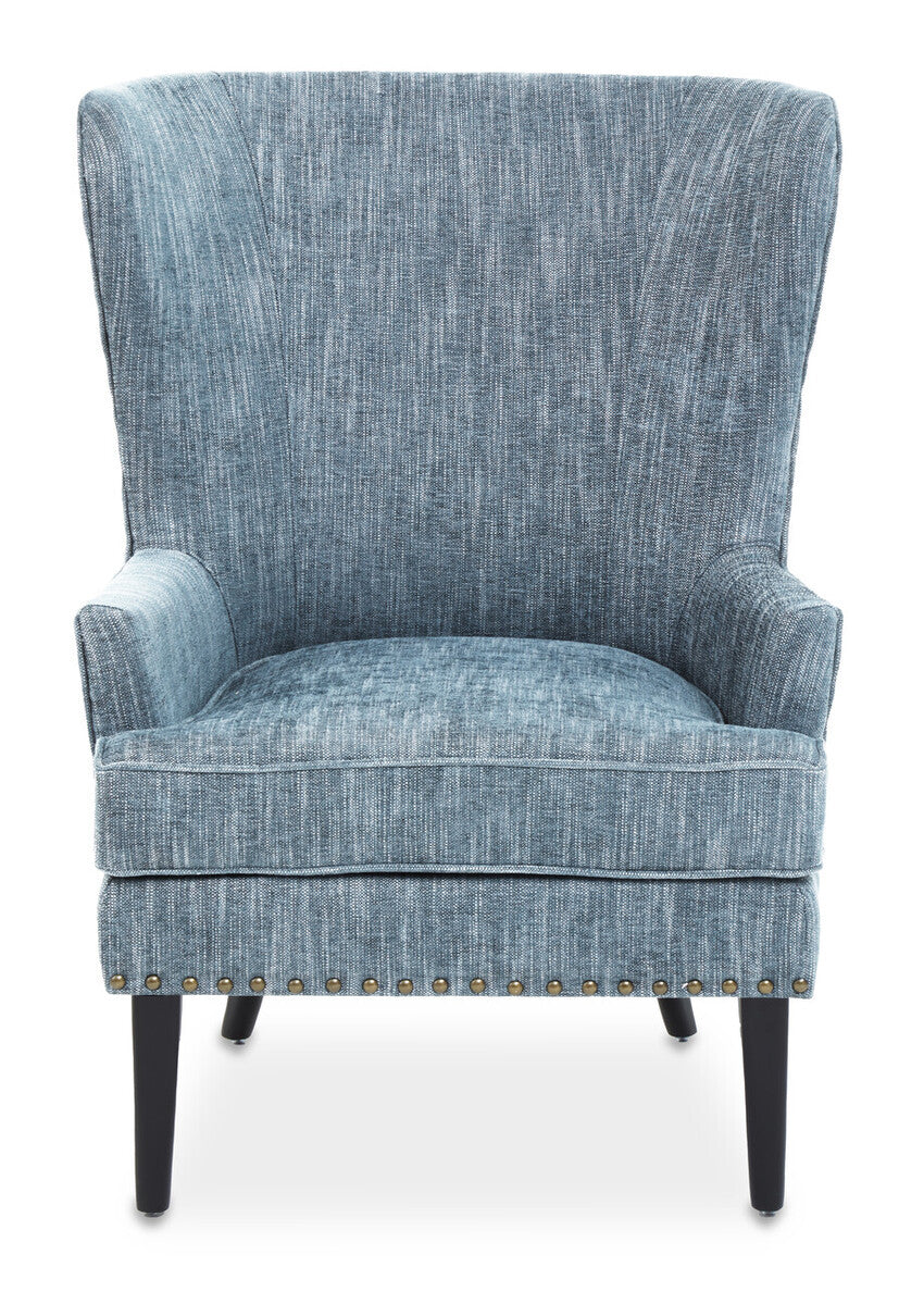 Welham Blue Fabric Wingback Lounge Chair with Brass Stud Detail
