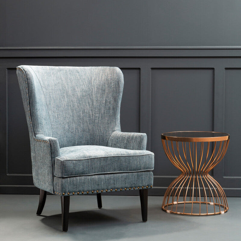 Welham Blue Fabric Wingback Lounge Chair with Brass Stud Detail