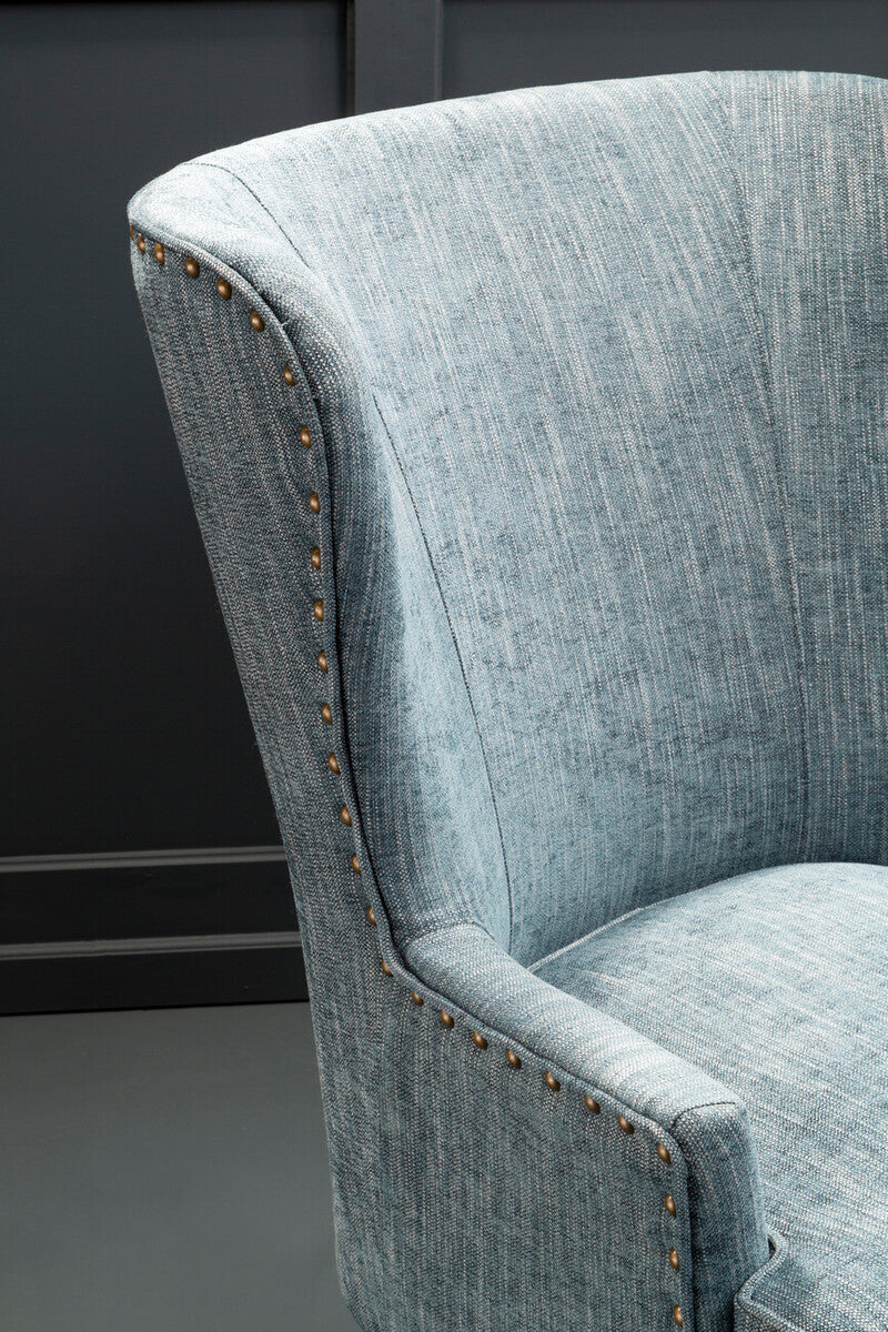 Welham Blue Fabric Wingback Lounge Chair with Brass Stud Detail