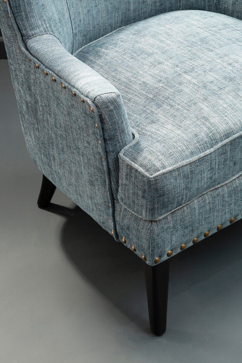 Welham Blue Fabric Wingback Lounge Chair with Brass Stud Detail