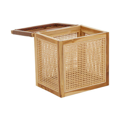 Natural Solid Teak and Rattan Storage Box Side Table with Antique Brown Leather Lid, Kendari