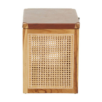 Natural Solid Teak and Rattan Storage Box Side Table with Antique Brown Leather Lid, Kendari