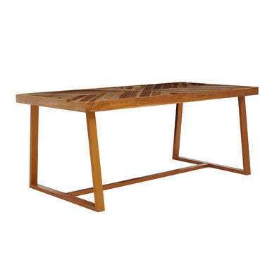 Natural Teak Wood Dining Table with Herringbone Top and Gold Finish Metal Frame, Kendari