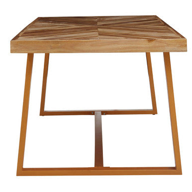 Natural Teak Wood Dining Table with Herringbone Top and Gold Finish Metal Frame, Kendari